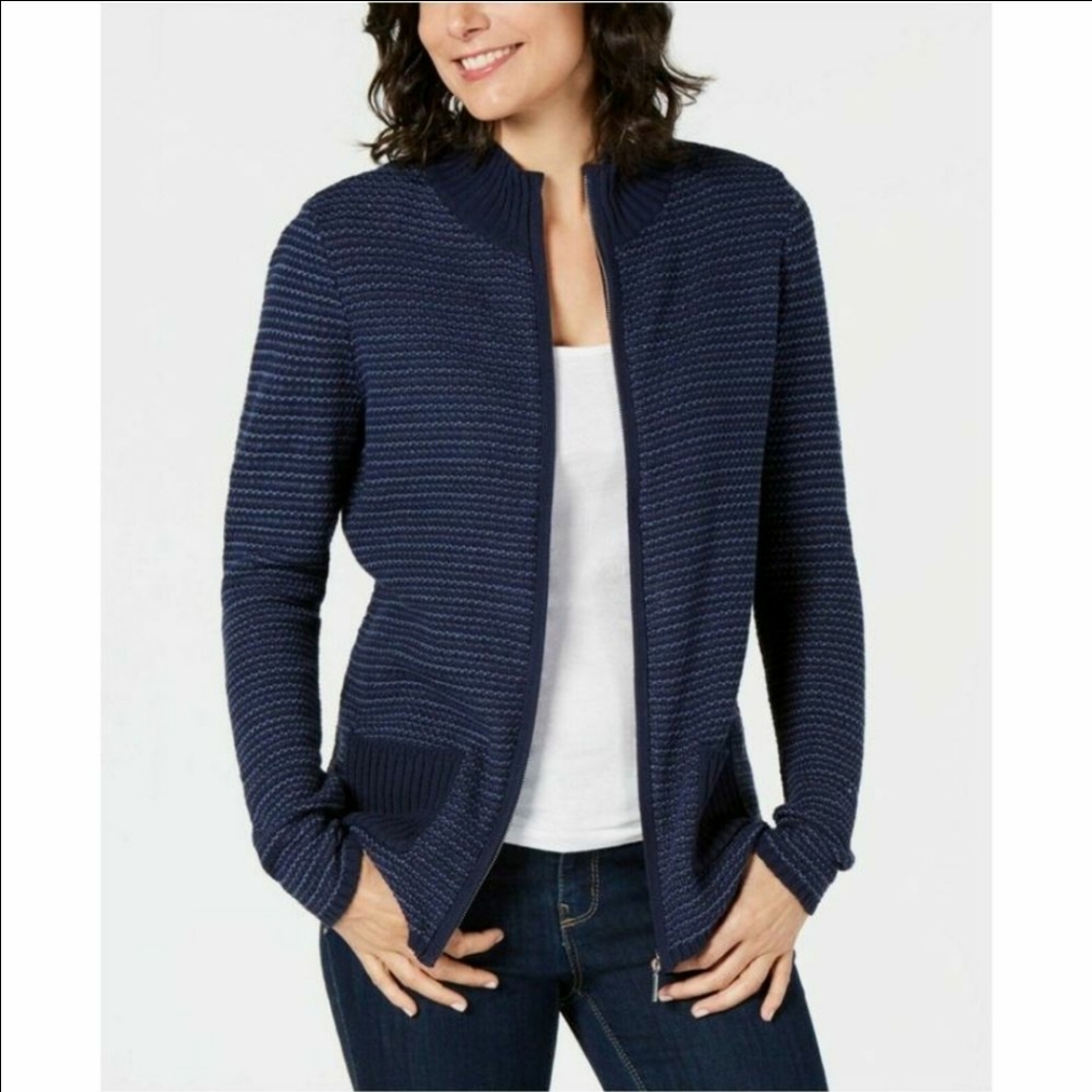 !Blue zip up Textured Sweater